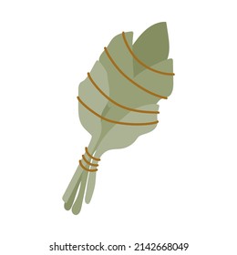 Bunch of white sage tied with a ribbon. A beautiful dried flower for yoga and meditation practice. The vector illustration is isolated. For design or postcard