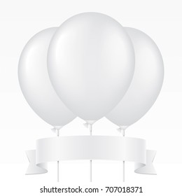 Bunch of white vector balloons on a plastic stick and waving ribbon, isolated on background. Realistic balloon illustration for party, celebration, festival, birthday or branding design decoration.