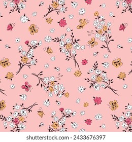 Manojo de flores silvestres y patrón de mariposas