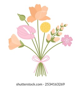 Bunch wildflowers. Floral bouquet, vector illustration. Flowers tied with ribbon. Meadow herbs, and wild plants for design projects