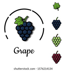 Bunch of wine grapes with leaf icon set. Flat purple, green, red vector illustration for organic food delivery, website, app, article.