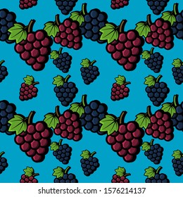 Bunch of wine grapes with leaf seamless pattern. Flat purple, green, red grape vector illustration for organic food textile, print, poster, fabric, website, app, article.