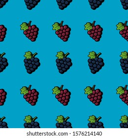 Bunch of wine grapes with leaf seamless pattern. Flat purple, green, red grape vector illustration for organic food textile, print, poster, fabric, website, app, article.