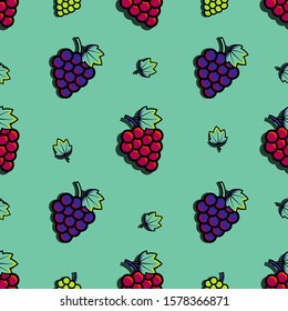 Bunch of wine grapes with leaf seamless pattern. Flat purple, green, red grape vector illustration for organic food textile, print, poster, fabric, website, app.
