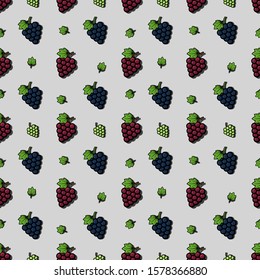 Bunch of wine grapes with leaf seamless pattern. Flat purple, green, red grape vector illustration for organic food textile, print, poster, fabric, website, app.