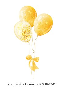 Bunch of yellow balloons tied with ribbon. Vector watercolor illustration