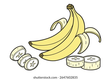 Um cacho de bananas amarelas, parcialmente descascadas, com vários pedaços fatiados espalhados ao seu redor sobre um fundo branco.