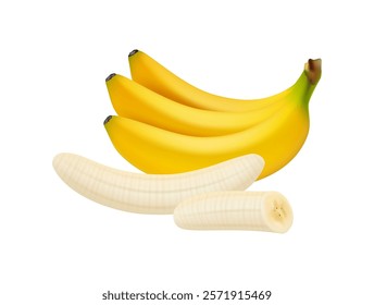 Bunch of yellow bananas tropical food isolated fresh summer fruit, organic subtropical delicious eating. Vector illustration of realistic bananas, healthy summer food snack