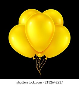 Bunch of yellow helium balloons. 3D realistic vector illustration.