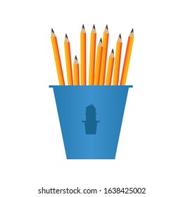 Bunch of yellow lead pencils in a blue cup vector illustration, isolated on white background.