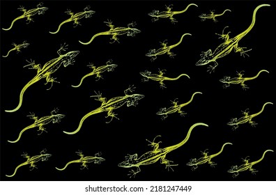 A bunch of yellow lizards scattered on a black background