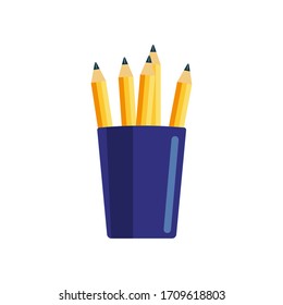 Bunch of yellow pencils in a blue cup vector illustration isolated on white background.