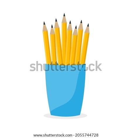 Bunch of yellow pencils in office cup. Drawing equipment in office holder basket, clerical vase. Vector illustration.