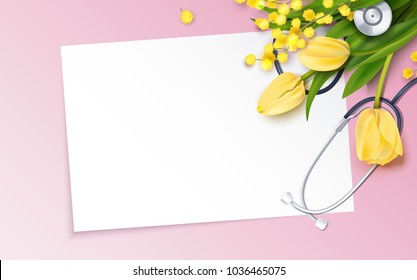 Bunch of yellow tulips, mimosa branch and stethoscope on pink background. Happy nurse day. Vector illustration Bunch of yellow tulips, mimosa branch and stethoscope on pink background. Happy nurse day. Vector illustration