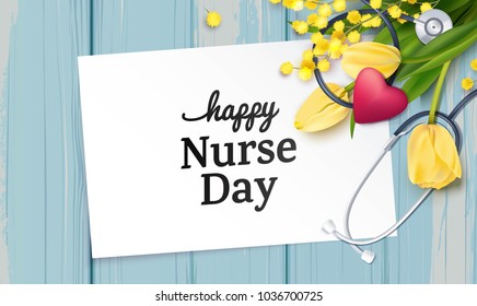 Bunch of yellow tulips, mimosa branch and stethoscope on blue wooden background. Happy international nurse day. Vector illustration Bunch of yellow tulips, mimosa branch and stethoscope on blue wooden background. Happy international nurse day. Vector illustration