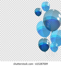 Bunche And Group Of Blue Glossy Helium Balloons Isolated On Transparent Background. Vector Illustration EPS10