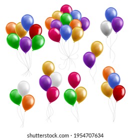 Bunches balloon. Color round flying balloons party decoration, groups of glossy rubber 3D inflated isolated spheres. Birthday or carnival decor elements. Helium balls vector realistic set
