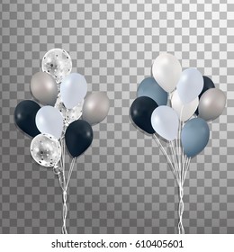 Bunches of balloons isolated. Set of silver, black, shine transparent with confetti balloons. Party decorations for birthday, anniversary, celebration, event design. vector. 