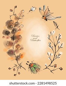 Bunches of berries, butterflies, bugs and flowers in watercolor style on a vintage ochre beige background. Delicate elegant style of postcards, backgrounds.