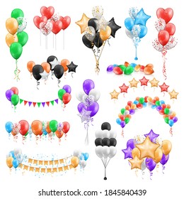 Bunches of color glossy balloons isolated set. Vector compositions of colorful air garlands, star and ball shaped party decorations. Helium balloon with confetti, birthday, anniversary wedding decor