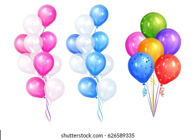 Bunches of colorful helium balloons isolated on white background. Party decorations for birthday, anniversary, celebration. Vector illustration