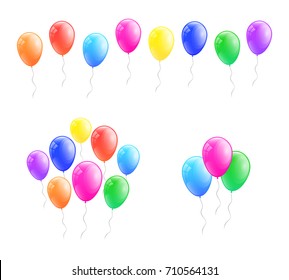 Bunches of colorful helium balloons. Vector.