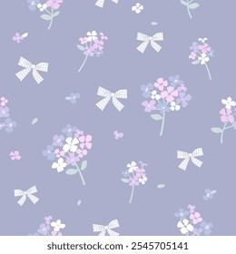 bunches of flowers with purple tones and white bows with striped blue seamless  pattern , vector illustration