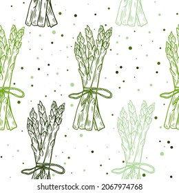 Bunches of fresh asparagus seamless pattern. Background with organic healthy food. Template with sprouts of asparagus for packaging or paper design, vector illustration.