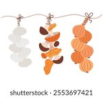 Bunches of garlic, onions and mushrooms. Vector illustration of harvest preparations hanging on a rope, vegetable harvest braid with rope for storage in the kitchen.
