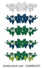 Bunches of grape for frame decoration. Colored and monochrome set. Hand drawn illustration.