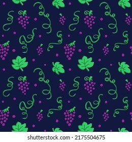 Bunches of grapes, berries and leaves. Summer seamless pattern