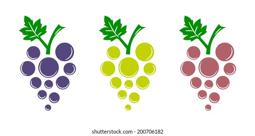 Cochos de uvas com folha. Coleção de roxo, verde e ícone de uva vermelha. ilustração de imagem de arte vetorial, isolado no fundo branco, editável.