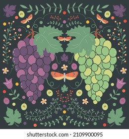 Bunches of grapes, on a dark background with floral elements, flowers, leaves and moths.
