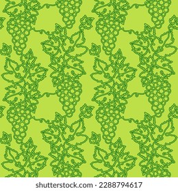 Bunches of grapes.  Vine. Seamless pattern. Vector line drawing on green background. Grapevine. Floral background for textile, fabric, wallpapers, covers, print, decoupage, giftwrap