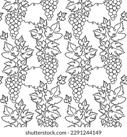 Bunches of grapes.  Vine. Seamless pattern. Vector line drawing on white or transparent background. Grapevine. Floral background for textile, fabric, wallpapers, covers, print, decoupage, giftwrap