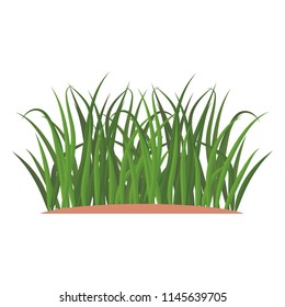 Bunches of green grass on an earthen mound. Design of summer cards. Flat cartoon illustration. Objects isolated on a white background.