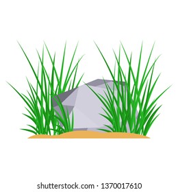 Bunches of green grass on an earthen mound. Design of summer cards. Flat cartoon illustration. Objects isolated on a white background.