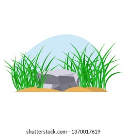 Bunches of green grass on an earthen mound. Design of summer cards. Flat cartoon illustration. Objects isolated on a white background.