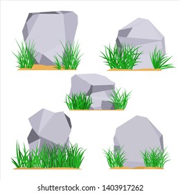 Bunches of green grass on an earthen mound. Design of summer cards. Flat cartoon illustration. Objects isolated on a white background.