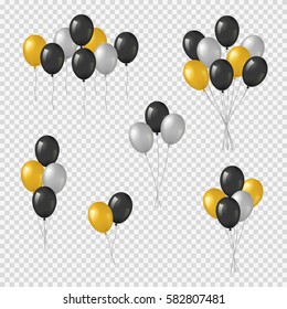 Bunches and groups of black, golden and silver helium balloons isolated on transparent background.