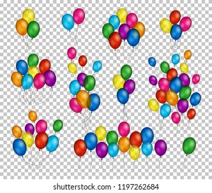 Bunches and groups of colorful helium balloons isolated on transparent background.