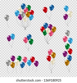 Bunches and groups of colorful helium balloons with glossy smooth surface isolated on transparent background.