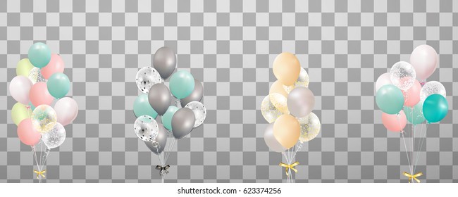 Bunches and groups of colorful helium balloons isolated. Party decorations for birthday, anniversary, celebration, event design. vector. 