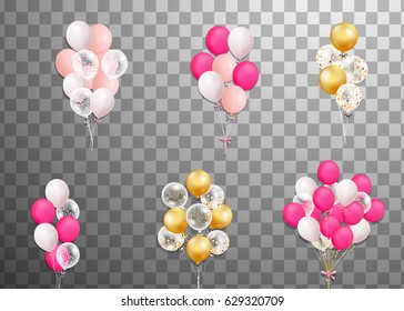 Bunches and groups of colorful helium balloons isolated on transparent background.  Party decorations for birthday, anniversary, celebration, event design. Vector illustration.