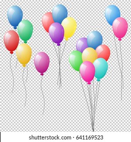 Bunches and groups of colorful helium balloons isolated on transparent background. Vector illustration, eps 10