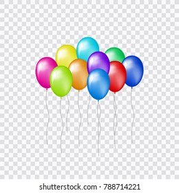 Bunches and groups of colorful helium balloons isolated on transparent background.