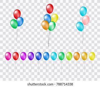 Bunches and groups of colorful helium balloons isolated on transparent background.