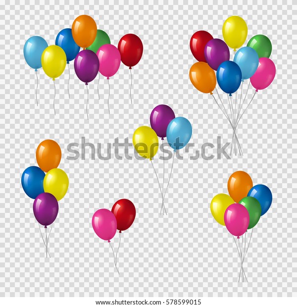 Bunches and groups of colorful helium\
balloons isolated on transparent\
background.