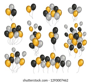 Bunches and groups of golden, black and silver helium balloons isolated on white background.