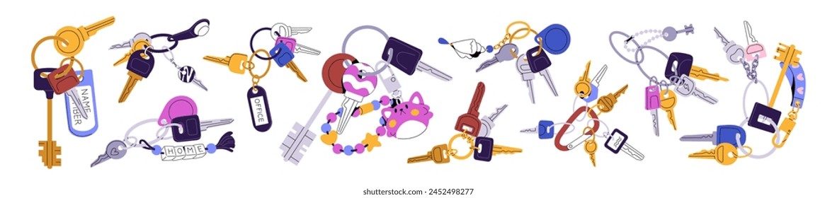 Bunches of keys with keychains, keyrings, chains, tags set. Different steel accessories for lock and unlock house. Pendants, fobs, trinkets hanging on rings. Flat isolated vector illustration on white